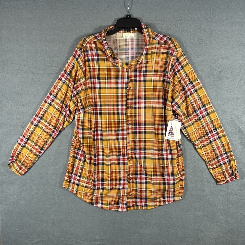 Bobbie Brooks Plus Size 3X Plaid Button-Up Shirt Top Yellow Red Blue Long Sleeve